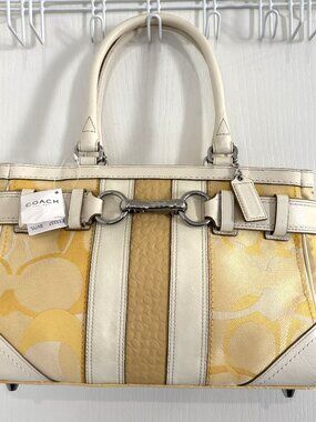 Coach Hamptons Optic Signature Stripe Carryall Bag Leather Satchel Handbag NEW